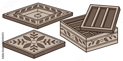 A beautifully designed wooden box with intricate carvings and a matching lid