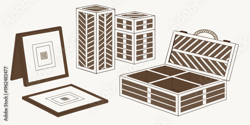 Assorted wooden items including a picture frame, a jewelry box, and a small building model.