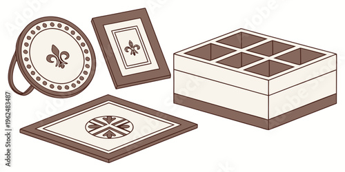 A collection of antique decorative items including frames, a clock, and a box