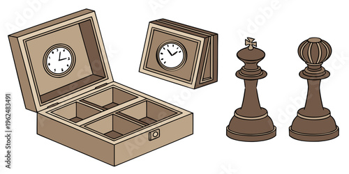 Antique wooden chess set with clock and pieces displayed on a table