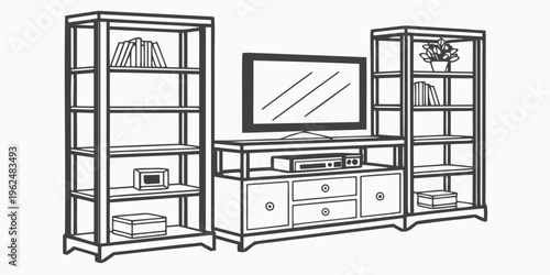 Modern entertainment center with television and bookshelves