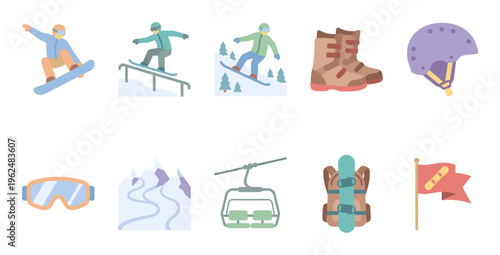 Snowboarding elements and winter sports equipment icons are displayed in a flat design style, perfect for illustrating various aspects of the sport.