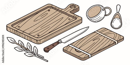 An assortment of rustic kitchen tools including a wooden board, brush, and rolling pin