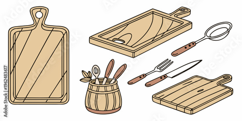 Assorted kitchen utensils and cutting boards displayed in a variety of shapes and sizes