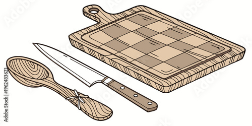 A wooden cutting board with a knife and spoon, perfect for kitchen use.