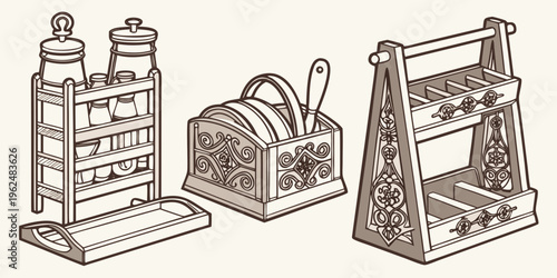 Three vintage wooden bookcases with unique designs and features