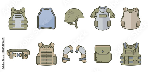 Military tactical protective gear icons set in a flat design style, showcasing various items like bulletproof vests, helmets, and armor plates.