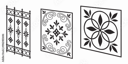 Three distinct wrought iron designs showcasing intricate patterns and artistic craftsmanship