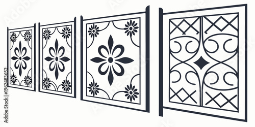 A collection of four intricately designed and patterned window shutters
