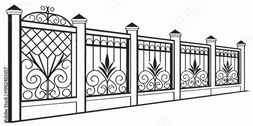 A decorative wrought iron fence with intricate designs and patterns