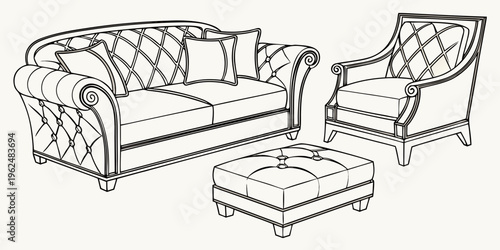 A classic living room set with a tufted sofa and two armchairs.