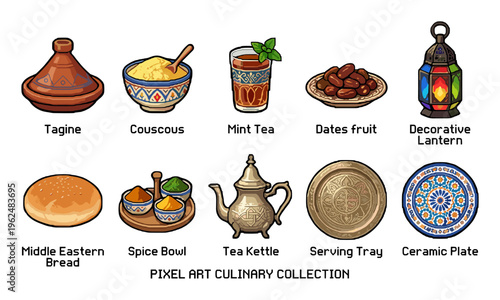 Pixel art collection of traditional Middle Eastern items, including culinary elements, decorative objects, and cultural symbols, presented in a charming retro game style.