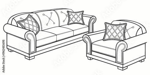 A vintage style living room with a beige sofa and a matching armchair