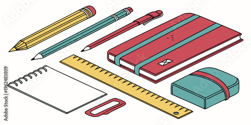 Assorted school supplies neatly arranged on a white background