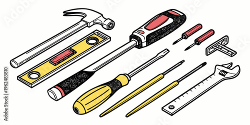 An assortment of tools laid out on a white background, including hammers, screwdrivers, wrenches, and pliers.