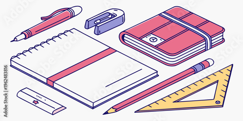 A collection of school supplies including notebooks, pens, and rulers.