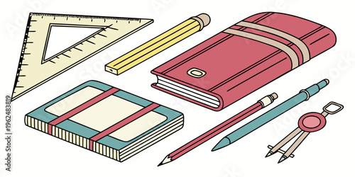 A variety of school supplies neatly arranged on a white background