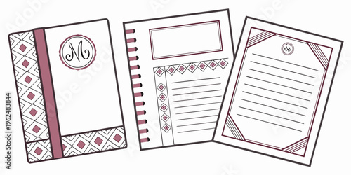 A beautifully illustrated collection of stationery items including a calendar and notepad