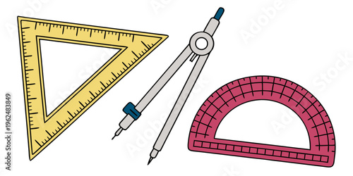 Bild auf Leinwand Assorted geometric tools including a compass, protractor, and set squares