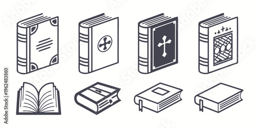 A diverse collection of books and religious texts illustrated in black and white