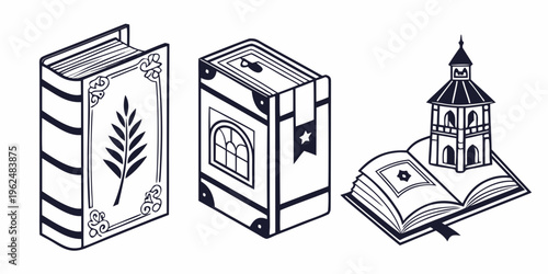 Three books with religious symbols and an open book with a church illustration
