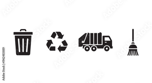 Cleaning Sanitation Icon Set with Trash Bin, Recycle Symbol, Garbage Truck, and Broom in One Row, Simple Solid Black