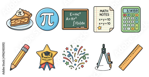 Engaging assortment of mathematics-related objects, including formulas, tools, and awards, are depicted in a cheerful and educational cartoon illustration.