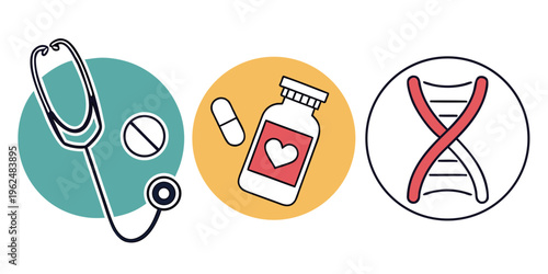 Medical icons representing healthcare, medicine, and genetics.