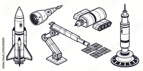 A collection of various spacecraft and space exploration equipment in black and white