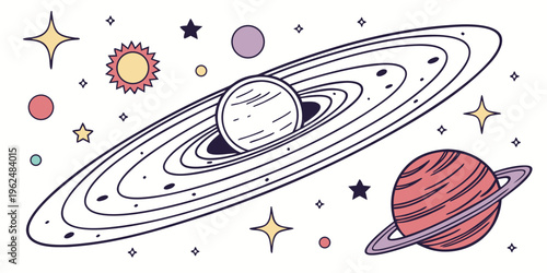 A vibrant and colorful illustration of planets and stars in outer space.