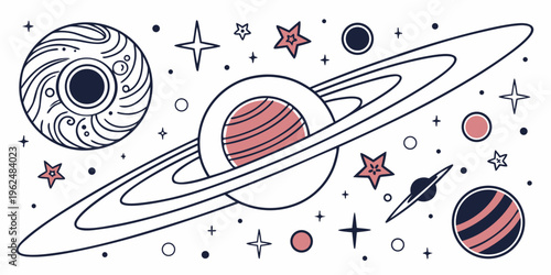 A whimsical illustration of celestial bodies and space elements in a playful design