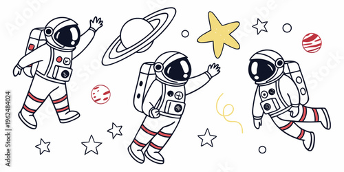 Three astronauts in space suits floating among stars and planets.
