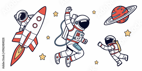 Astronauts and rockets exploring the cosmos in a vibrant illustration
