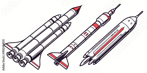 Three distinct rockets standing upright on a launchpad, ready for space exploration.