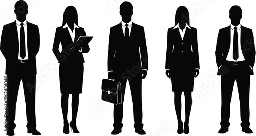 Black silhouettes of five business people in suits on white background