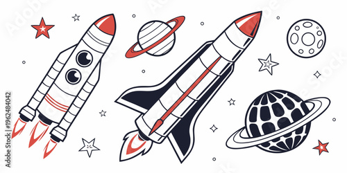 Colorful rockets, planets, and a globe in a whimsical space adventure illustration