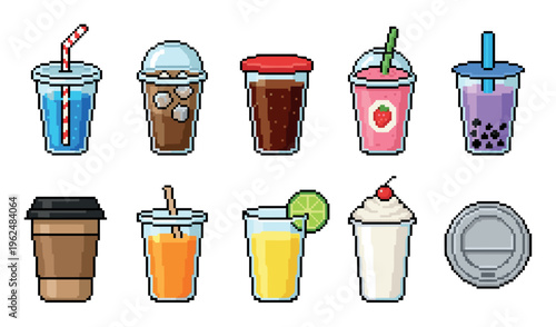 Pixel art drinks collection featuring a variety of refreshing beverages in a charming retro 8-bit style, perfect for gaming, web design, and nostalgic themes.