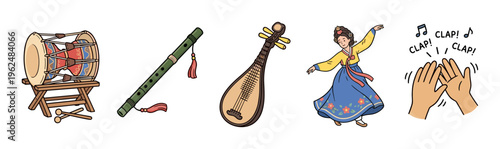 Korean traditional music and dance elements are beautifully illustrated in this vibrant collection, showcasing cultural heritage and celebratory spirit.