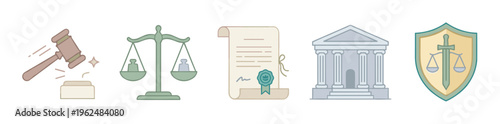 Law and justice icons representing legal system elements such as court, judgment, equality, and official documents in a clean flat design style.