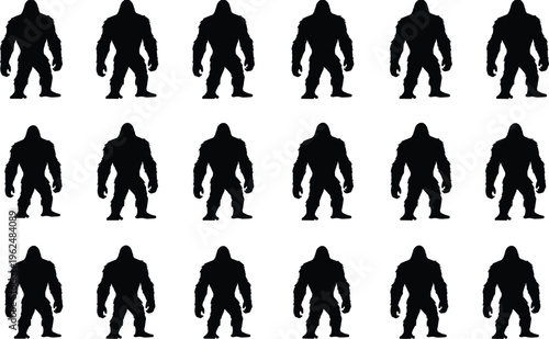 Gorilla Bigfoot silhouette vector illustration set featuring strong humanoid creature postures, wildlife animal design artwork collection for nature themes