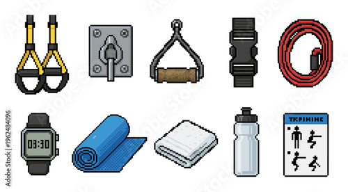 Pixel art fitness equipment and gym accessories collection featuring retro-style digital icons of workout straps, a yoga mat, water bottle, and training instructions.