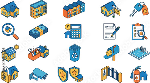 Isometric real estate property management vector icon set with housing, mortgage, contract, security systems, maintenance services, and home ownership concepts