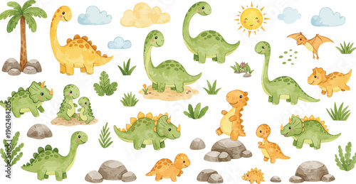 Colorful illustration of various dinosaurs and plants in a prehistoric landscape scene