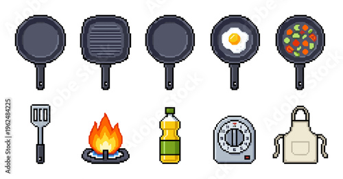 Pixel art cooking kitchen utensils and food items set, including frying pans, an egg, vegetables, a spatula, a burner, oil, a timer, and an apron, for retro game design.