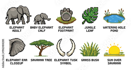 Elephant and savanna pixel art icons collection features various elements of African wildlife and their natural habitat in a charming retro video game style.