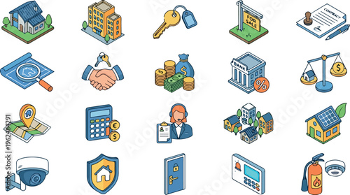 Isometric real estate and property management vector icon set with house, mortgage, contract, investment, security, and smart home elements