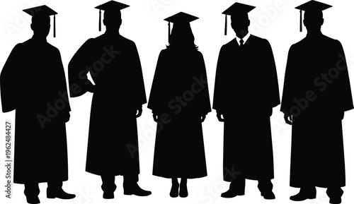 Graduation silhouette illustration set, academic achievement ceremony cap gown student artwork, education vector design concept