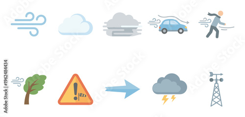 Weather icons representing various wind and storm conditions, including strong gusts, cloudy skies, and lightning, used for meteorological forecasts and warnings.