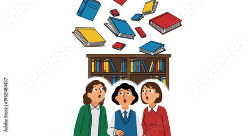 Three women surprised by books falling from bookshelf.