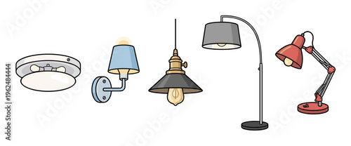 Various lamps and lighting fixtures in a collection of different styles and designs, including ceiling, wall, pendant, floor, and desk lights, providing illumination options.